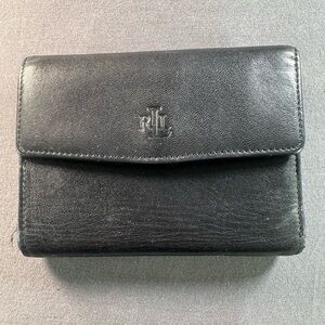 Ralph Lauren Women's Black Leather Wallet Bi-fold Card Slots zip coin